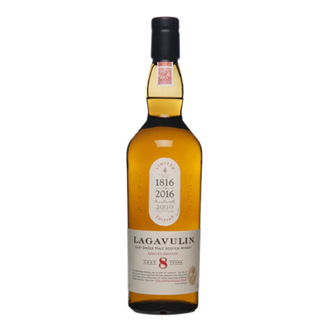 Front view of the Lagavulin whiskey bottle with classic label and black cap.