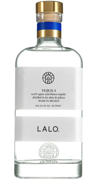Front view of LALO Tequila Blanco bottle with gold cap and blue band