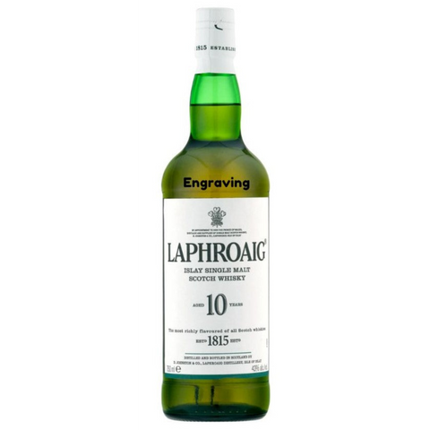 Front view of the Laphroaig whisky bottle with green glass and label design.