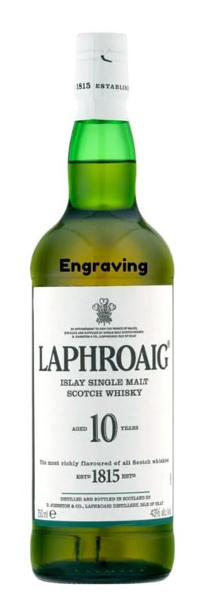 Front view of the Laphroaig 10Yr Scotch Whiskey bottle on a white background.