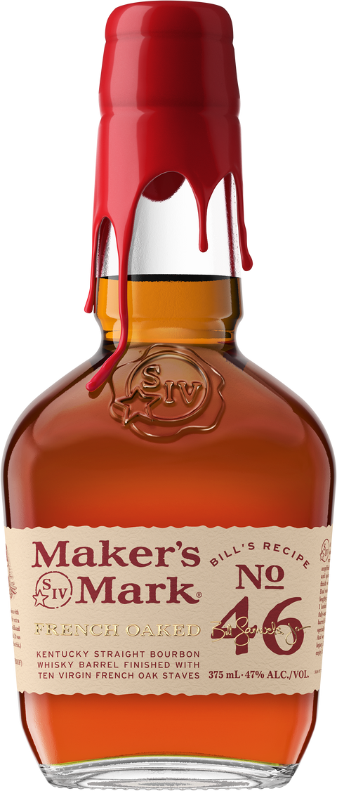 Detail close-up of Maker's Mark 46 Bourbon bottle with red wax seal