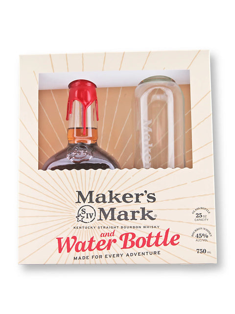 Gift set featuring Maker's Mark bourbon and a water bottle in red and white packaging.