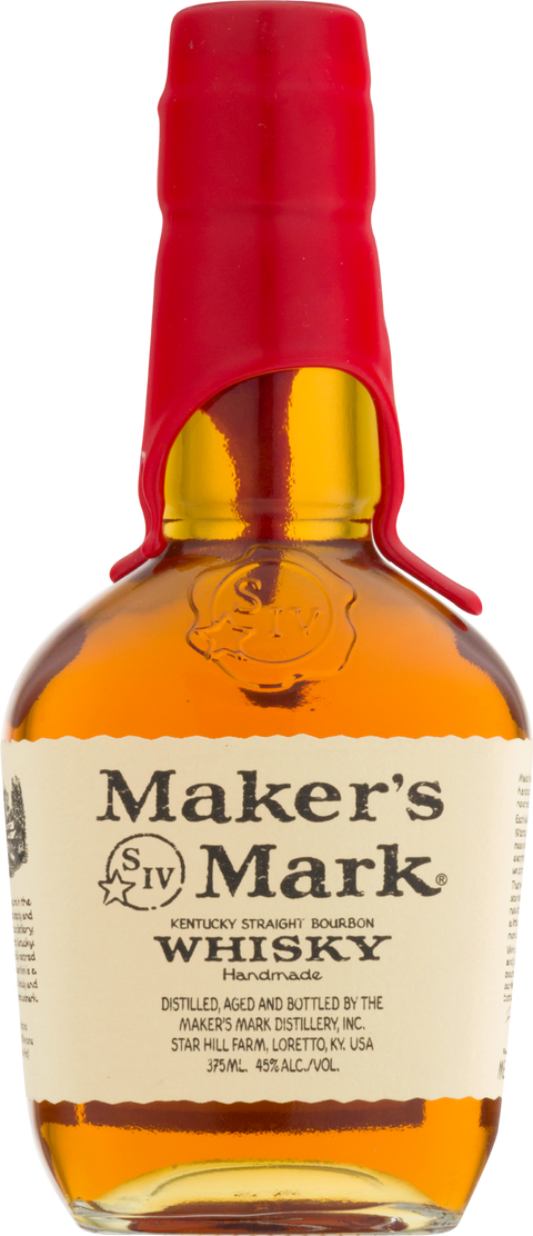 Detail shot of the amber Maker's Mark Bourbon Whiskey bottle with red wax cap.