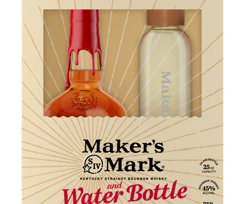 Packaging view of Maker's Mark whiskey and water bottle in red and white gift box.