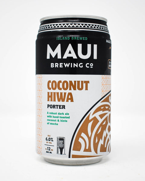 Front view of Maui Brewing Coconut Hiwa Porter can with graphic design.