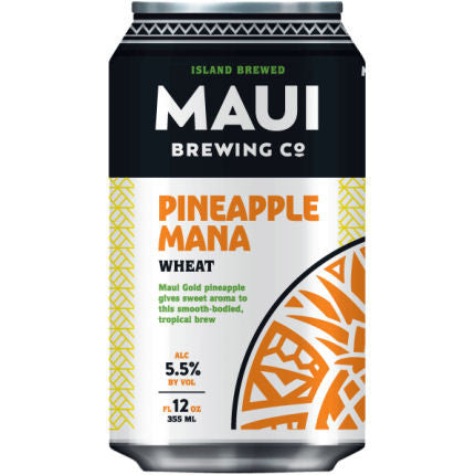 Front view of Maui Brewing Co. Pineapple Mana Wheat can with pineapple design.