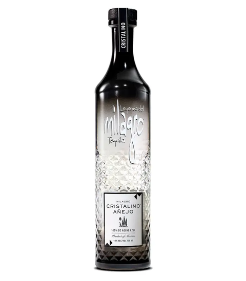 Front view of Milagro Añejo Cristalino tequila bottle with a tall design and clear color.