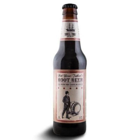 Front view of Not Your Fathers Root Beer bottle with brown label design.