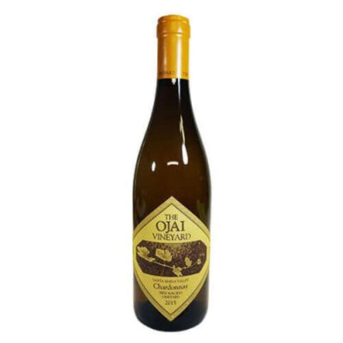 Front view of the Ojai Vineyard Chardonnay bottle with a diamond label and orange cap.