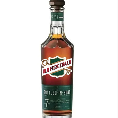 Front view of Old Fitzgerald bourbon bottle with green label and cork closure