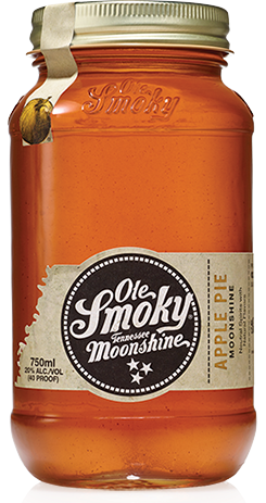 Detail close-up of the glass jar of Ole Smoky Moonshine Apple Pie with gold lid