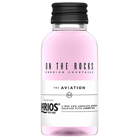 Front view of the On the Rocks Aviation cocktail bottle with a pink label.