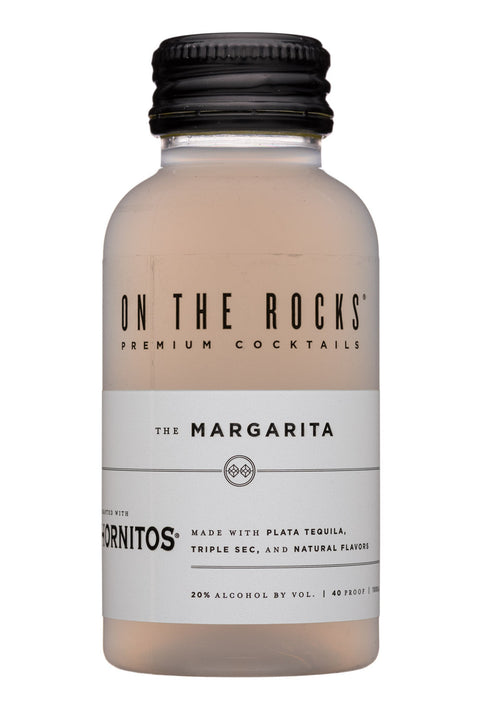 Front view of the On the Rocks Margarita cocktail bottle with a clear liquid and label.