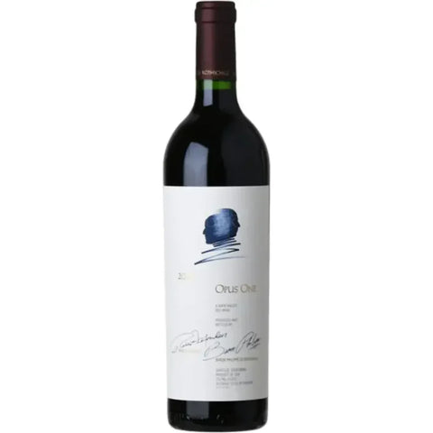 Front view of Opus One Napa Valley Cabernet Sauvignon bottle with red and white label