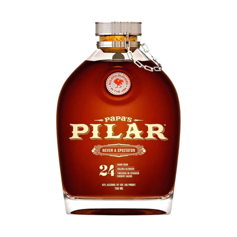 Front view of the brown and gold bottle of Papa's Pilar Dark Rum