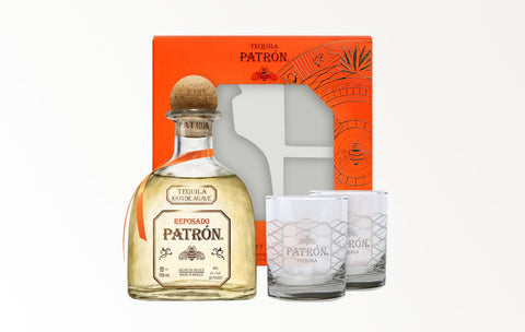 Patrón Reposado tequila gift set in elegant packaging with glasses and bottle.