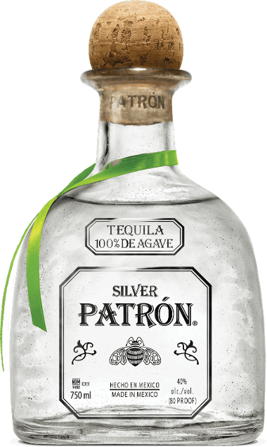 Detail close-up of the clear Patrón Silver bottle showcasing the cork stopper and label.