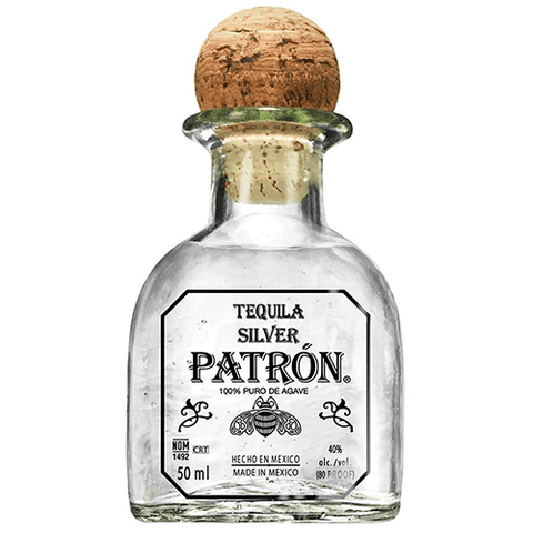 Front view of the clear tequila bottle with cork stopper and label design