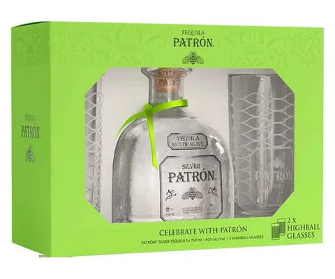 Packaging view of Patrón Silver Tequila gift set with green and silver accents