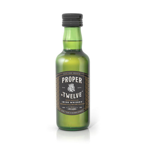 Front view of the green bottle of Proper 12 Irish Whiskey with label design.