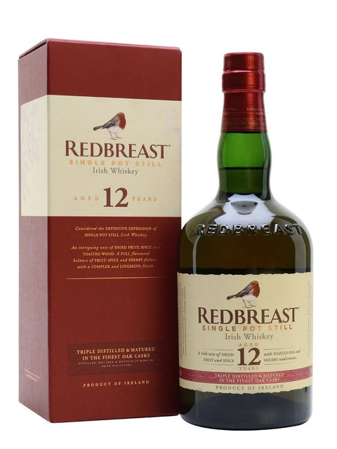 Front view of Redbreast Irish Whiskey bottle with label and cork stopper