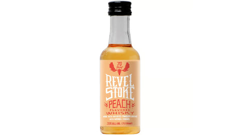 Front view of the peach whiskey bottle with a black cap on a white background