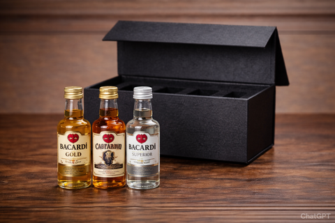 Rum sampler set in a black gift box with three bottles on a wooden surface