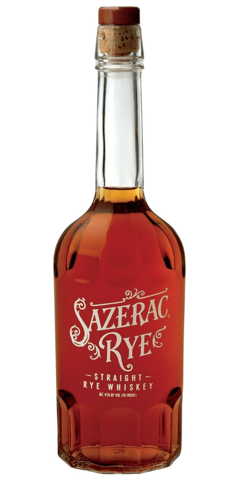 Front view of the amber bottle of Sazerac Rye Straight Rye Whiskey with cork stopper.