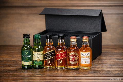 Scotch sampler set with six mini bottles in a black box packaging