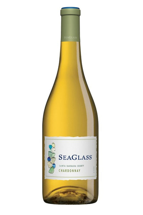 SeaGlass Chardonnay bottle with a green label and cork top, front view.