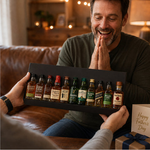 Whiskey Sampler 12 gift set — recipient opening the 12-bottle black gift box in a cozy living room
