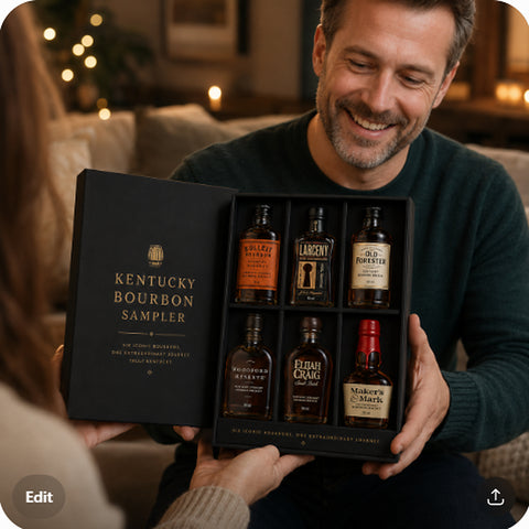Kentucky bourbon sampler gift set with 6 mini bottles being given as a gift — lifestyle scene