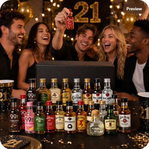 21st Birthday Sampler mini liquor gift box presented at a birthday party celebration