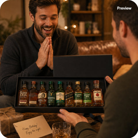 Whiskey Sampler Set 8 gift box being presented at a cozy celebration, featuring Elijah Craig Small Batch, Woodford Reserve, Buffalo Trace, Glenfiddich 12, The Glenlivet 12, Johnnie Walker Black Label, Tullamore D.E.W., Bulleit Rye, and Four Roses Single Barrel