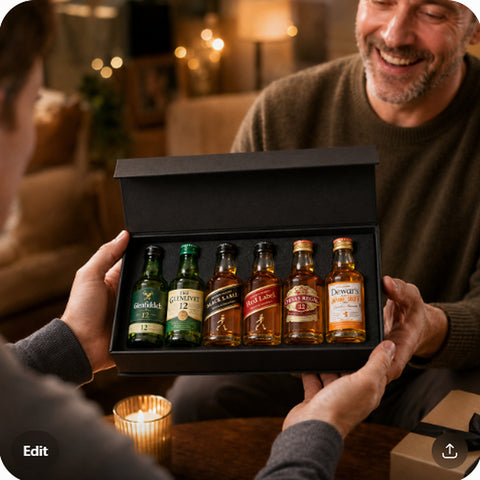 scotch sampler gift set with 6 mini bottles being given as a gift — lifestyle scene