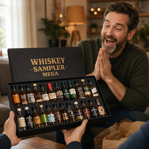 Whiskey sampler gift set — recipient opening the 24-bottle Whiskey Sampler Mega box in a living room