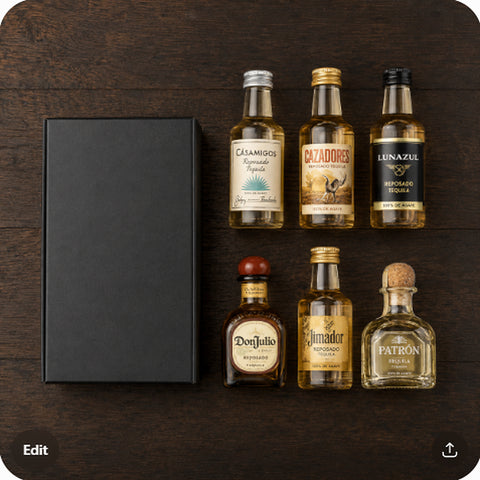 reposado tequila sampler 6 tequilas with all 6 mini bottles laid out — overhead flat-lay