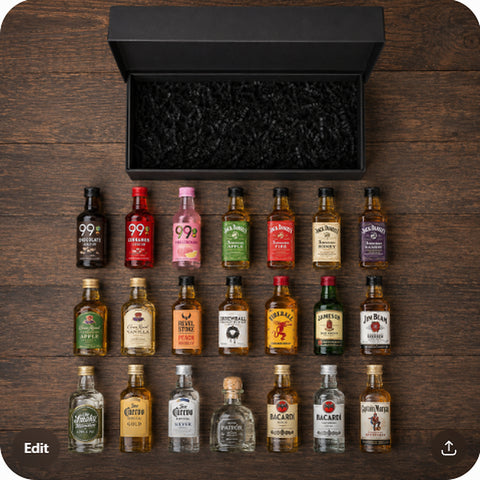 21st Birthday Sampler flat lay showing all 21 mini liquor bottles and gift box
