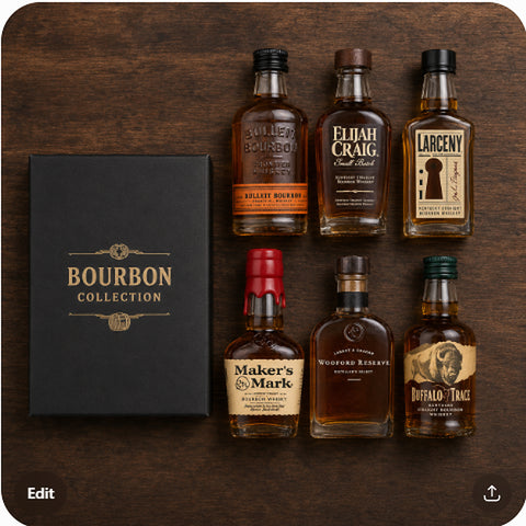 bourbon sampler 6 explorer kit with all 6 mini bottles laid out — overhead flat-lay
