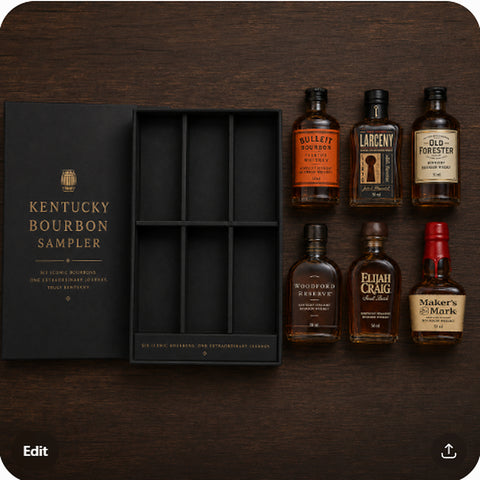 Kentucky bourbon sampler box with all 6 mini bottles laid out — overhead flat-lay