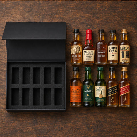 Overhead flat-lay of the Whiskey Sampler Set 10 gift box with all 10 mini bottles arranged for easy counting: Buffalo Trace, Maker's Mark, Woodford Reserve, Elijah Craig Small Batch, Larceny, Bulleit Bourbon, Glenfiddich 12, The Glenlivet 12, Johnnie Walker Black Label, Johnnie Walker Red Label