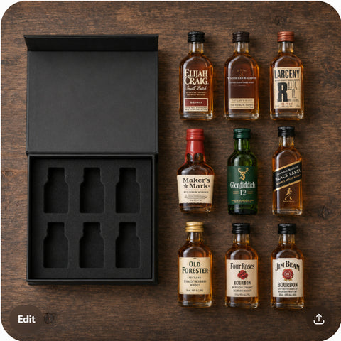 Bourbon Sampler flat lay showing all 9 mini bottles and gift box
