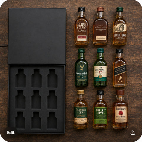 Overhead flat-lay of the Whiskey Sampler Set 8 gift box with all 9 mini bottles arranged for easy counting: Elijah Craig Small Batch, Woodford Reserve, Buffalo Trace, Glenfiddich 12, The Glenlivet 12, Johnnie Walker Black Label, Tullamore D.E.W., Bulleit Rye, Four Roses Single Barrel