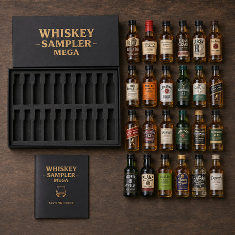 Whiskey sampler flat-lay — all 24 mini whiskey bottles laid out with the Whiskey Sampler Mega gift box and printed tasting guide