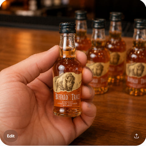 Buffalo Trace bourbon mini bottle held in hand to show true 50ml size — scale shot