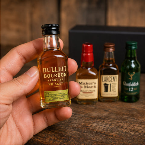 Whiskey sampler mini bottle in hand — 50ml Bulleit Bourbon showing the small tasting size beside the 12-bottle gift box