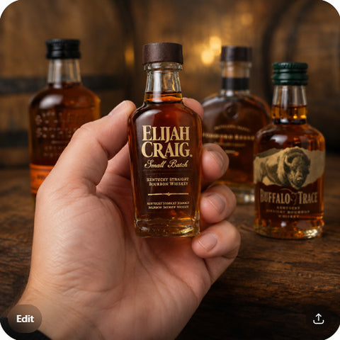 bourbon sampler mini bottle (Elijah Craig) held in hand to show true 50ml size — scale shot