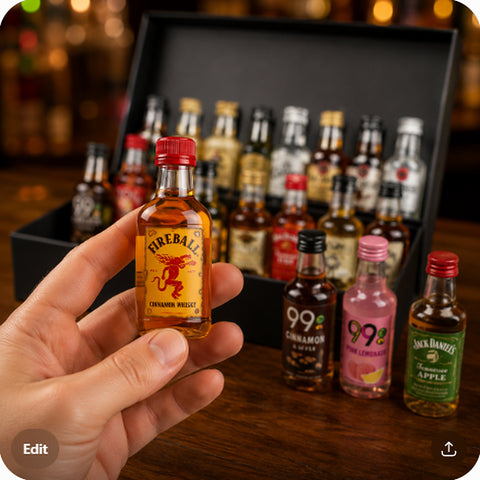Hand holding a 50ml Fireball Cinnamon Whiskey mini bottle from the 21st Birthday Sampler showing true size