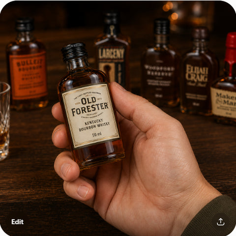 Kentucky bourbon sampler mini bottle (Old Forester) held in hand to show true 50ml size — scale shot