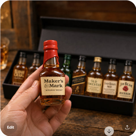 Hand holding a 50ml Maker's Mark mini bottle from the Bourbon Sampler showing true size